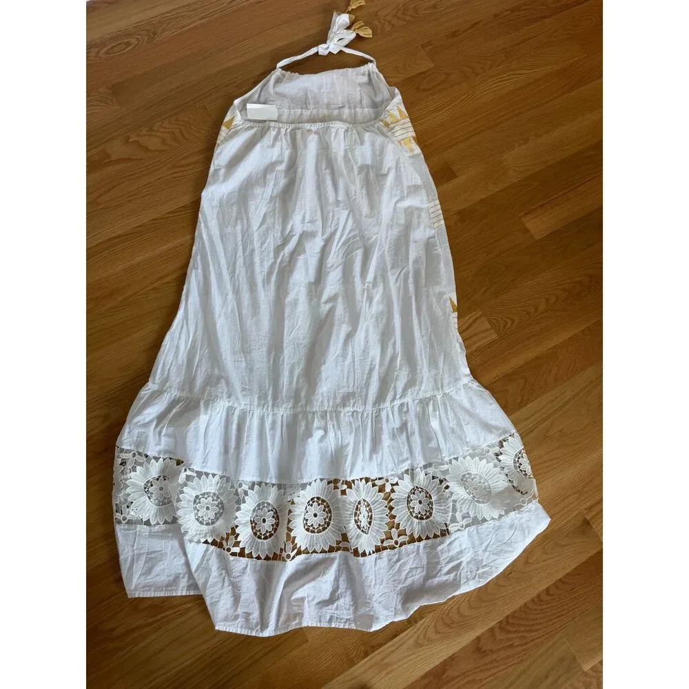 Ranees Halter Cotton Maxi Sundress White Gold Geometric Embroidery S/M NWOT - Picture 4 of 7